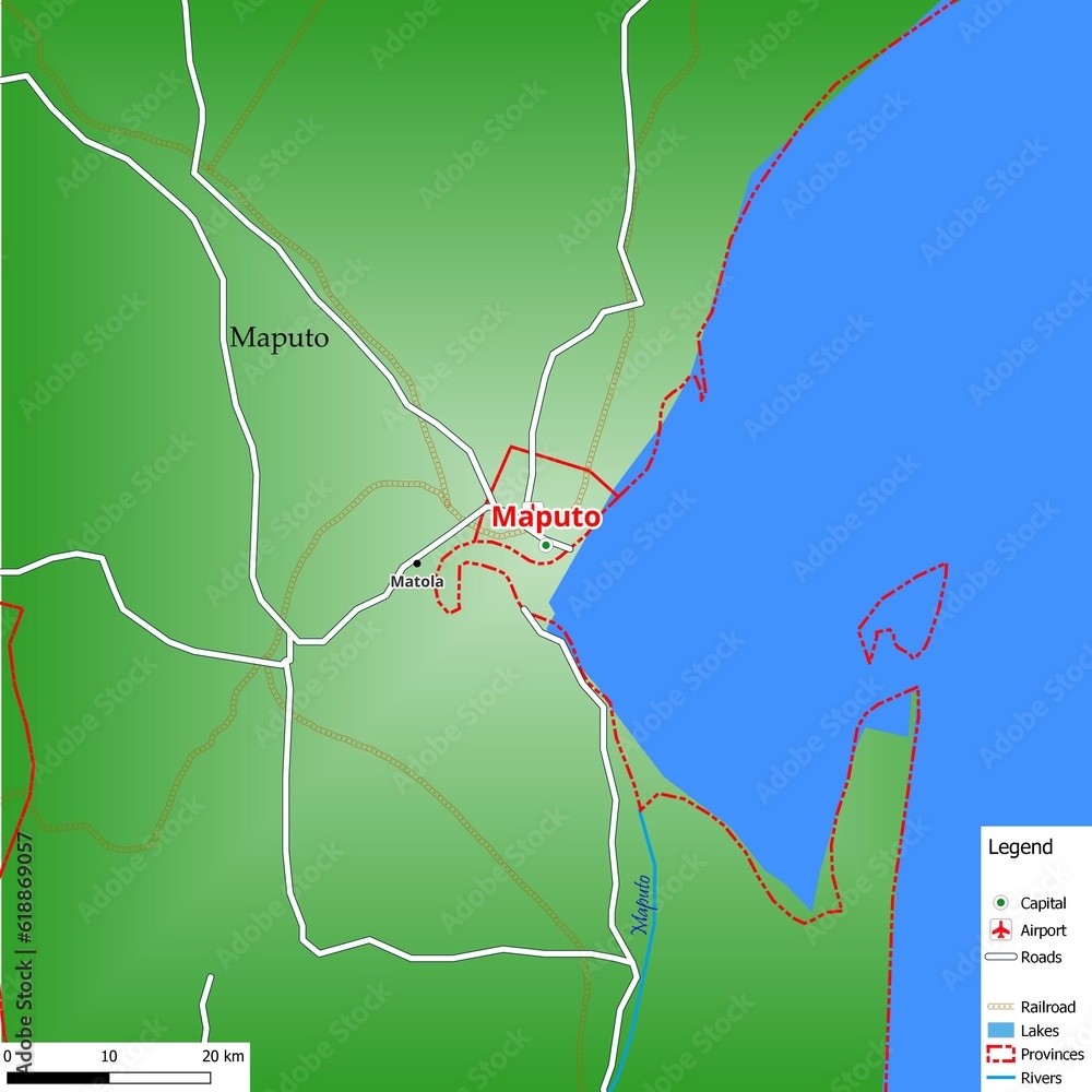 Map of the capital city Maputo with main streets, rivers, lakes, urban ...