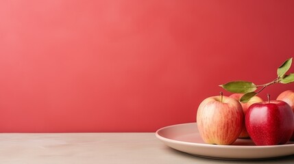 Fresh red apples on a plate on red background. Free space for text. For banner,poster. Photo Ai generated.