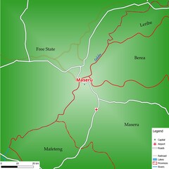 Map of the capital city Maseru with main streets, rivers, lakes, urban areas and names of counties near