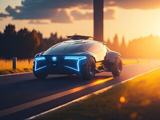 Electric vehicle prototype on the road bokeh. ai generative