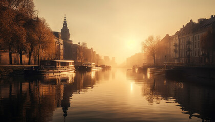 Wall Mural - Sunrise over city skyline, reflecting on water generated by AI