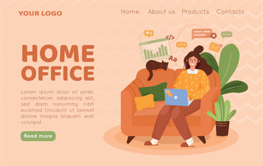 Wall Mural - Home work office. Landing page. Freelance business occupation. Woman with laptop on sofa. Remote computer job. Girl sitting on couch. Vector illustration website UI design template