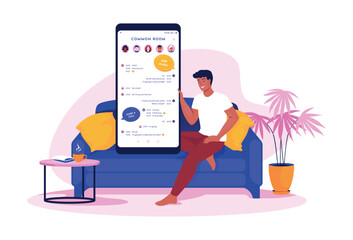 Poster - Man chatting. Dating cellphone application. Guy sitting on sofa. Smartphone communication. Living room. Online website for mobile. Romantic talking. Vector digital messenger illustration