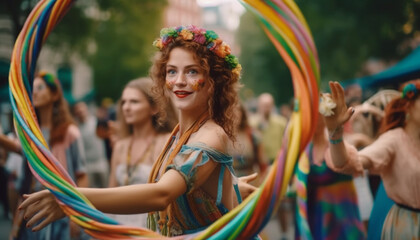 Poster - Young adults in colorful traditional festival attire dance generated by AI