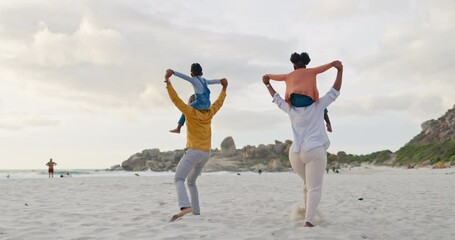 Canvas Print - Kids on parents shoulders at beach and back view, travel and playful, freedom outdoor with love and bonding. Carefree, energy and holiday with people in nature, mom and dad with kids and family