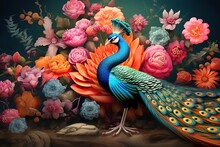 Elegant Bright Colour Floral With Exotic Oriental Seamless Flowers And Peacocks Illustration Background. 3d Abstraction Wallpaper For Interior Mural Wall Art Decor.ai