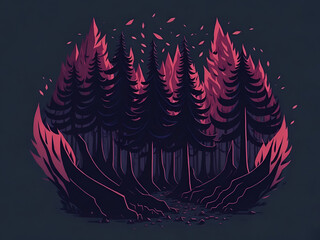 A red pine forest, landscape made with Generative AI.