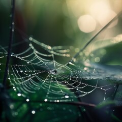 Closeup of spider net with the emerald drops of water and a bokeh background. Generative AI 