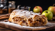 Freshly baked apple strudel on rustic plate generated by AI