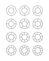 Wall Mural - Outline round structure template with segments and slices. Set of circle chart. Circular section graph. Pie diagram divided into pieces. Piechart with sectors. Vector illustration