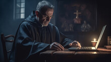Portrait Of A Priest In A Temple With A Laptop, A Shepherd In A Cassock Works At A Computer, A Hacker Hacks Into The Worldwide Web. Created With AI.