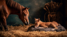 A Horse With A Newborn Foal In A Stall. Beautiful Horse Family, Photography In The Studio. Created In Ai.