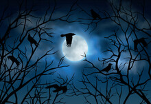 Vector Illustration Of Night Sky With Glowing Full Moon, Clouds And Silhouettes Of Crooked Branches And Flying Crows