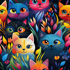 Wall Mural - Cute cats cartoon seamless repeat pattern
