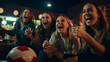 © ckybe - Group of Beautiful woman friends sitting on sofa watching soccer game competition on television together. Happy female soccer fans cheering victory.