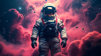 Wall Mural - illustration of man in space suit inside softly glowing pink and blue galactic cloud. peaceful galax