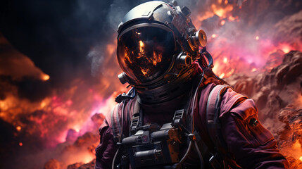 Wall Mural - illustration of man in space suit inside softly glowing pink and blue galactic cloud. peaceful galax