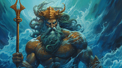 Poseidon God of Sea and Water figure character. Ancient greek god. Mythology. Colorful painting illustration