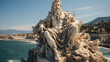 © ckybe - The mighty god of the sea, oceans and sailors Neptune (Poseidon) The ancient statue. Greek Mediterranean Landscape.