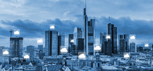 Night cityscape and internet network connection cloud technology for communication , business and technology concept.