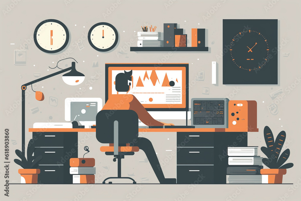 Vector of a men sitting behind his desk at a computer working busy in ...