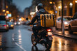 delivery man on a motorcycle with a yellow bag. Generative AI