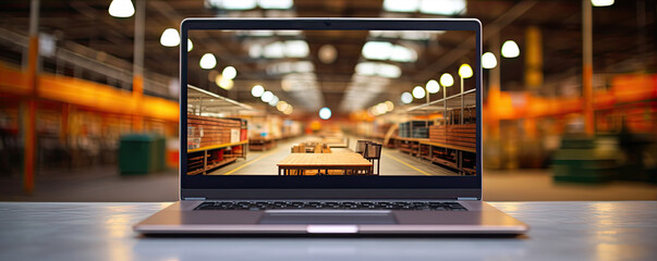 Front view of laptop with screen. Modern architecture in the background. generative ai