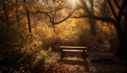 Sticker - Tranquil autumn forest bench, beauty in nature generated by AI