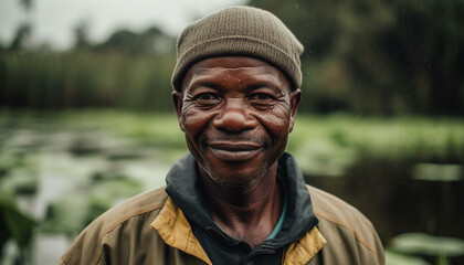 Sticker - Smiling men in nature, looking at camera generated by AI