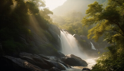  Tranquil scene of waterfall in tropical rainforest generated by AI