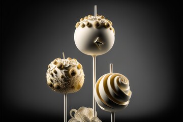 a group of three desserts sitting on top of a metal stand next to a black background with a white and brown design on it and a black background with a black background with a.