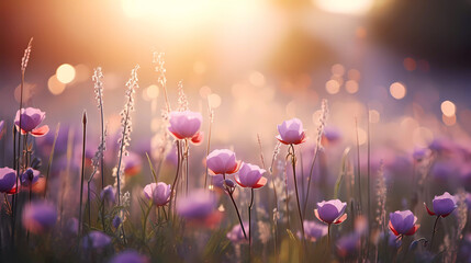 Wall Mural - Bright wildflowers with a beautiful blurred background.