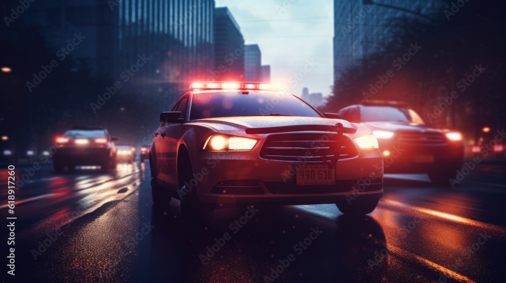 Police car with red and blue flashing lights on night street. Police ...