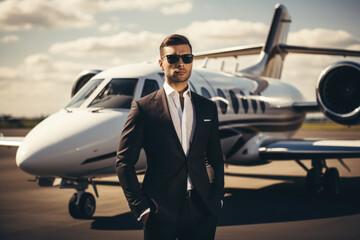 Confident businessman in suit stands next to luxury private jet. Concept of wealth and success. Created with Generative AI