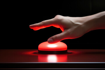 Nuclear threat and world war concept. Hand presses red button to launch nuclear bomb. Created with Generative AI