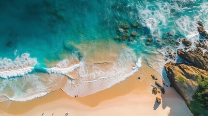  Aerial View of a Stunning Coastline with Turquoise Water Meeting a White Sandy Beach. Generative ai