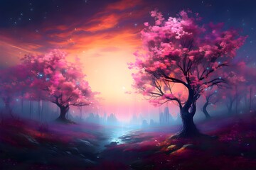 Wall Mural - Enchanting Blossom Forest. Pink forest background. Field of cherry blossoms. Foggy forest wallpaper