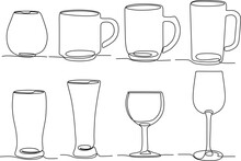Cup Glass Continuous Line Drawing Bundle Set