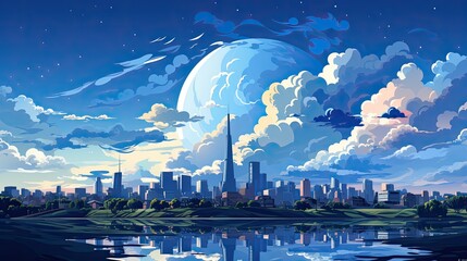 Wall Mural - Flat cityscape with blue sky white clouds and sun city in the sky