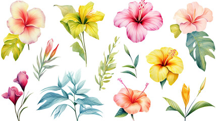 Sticker - a collection of soft watercolor tropical flowers isolated on a transparent background, generative ai