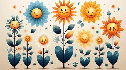 Poster - groovy flower cartoon characters Funny happy daisy