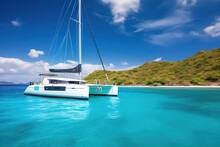 White Catamaran On Azure Water Against Blue Sky, Caribbean Islands Or Mediterranean Sea .generative Ai.