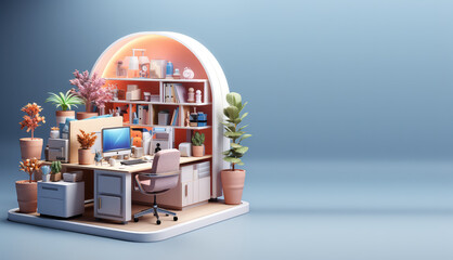 Very detailed isometric home office isolated on flat background with copy space, banner template. 3d Home office, cute room, desk, computer, chair, plants. Generative AI 3d  illustration.