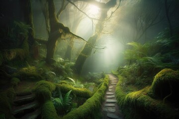 Poster - Serene Forest Path Surrounded by Greenery and Trees