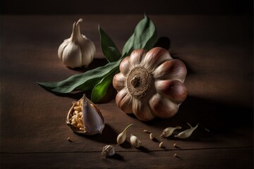 a close up of two garlic bulbs and a garlic plant on a table with leaves and seeds on it and a whole garlic bulb on the side of the garlic is on a dark wood surface.