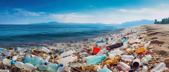 generative AI illustration as concept about plastic garbage landing in sea, bottles on beach