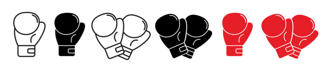 Wall Mural - Boxing gloves vector icon set in black and red color. Boxing fight punch glove web line symbol. Boxer gloves pictogram 