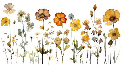 a collection of grunge oil painted swamp flowers isolated on a transparent background, generative ai