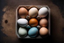 A Cardboard Box Filled With Eggs On Top Of A Wooden Table Next To An Orange And Blue Egg In The Middle Of The Box Is A Brown Egg Shell With A White Egg In The Middle.