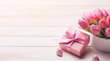 Sticker - pink tulips and box on wooden background